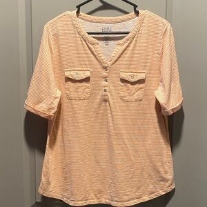 Coral Striped Pocket Tee L Button Front Top
